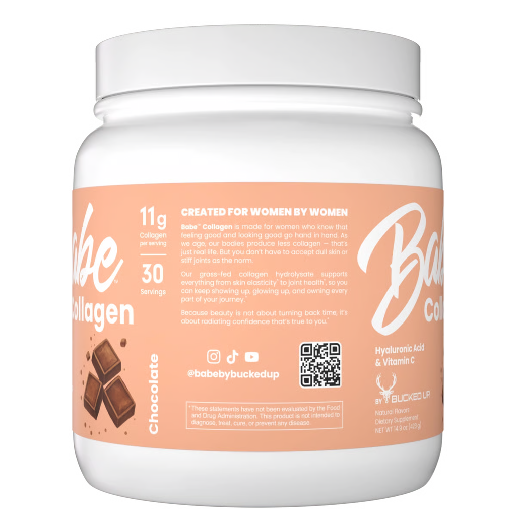 Babe Collagen supplement container with chocolate flavor on a beige background