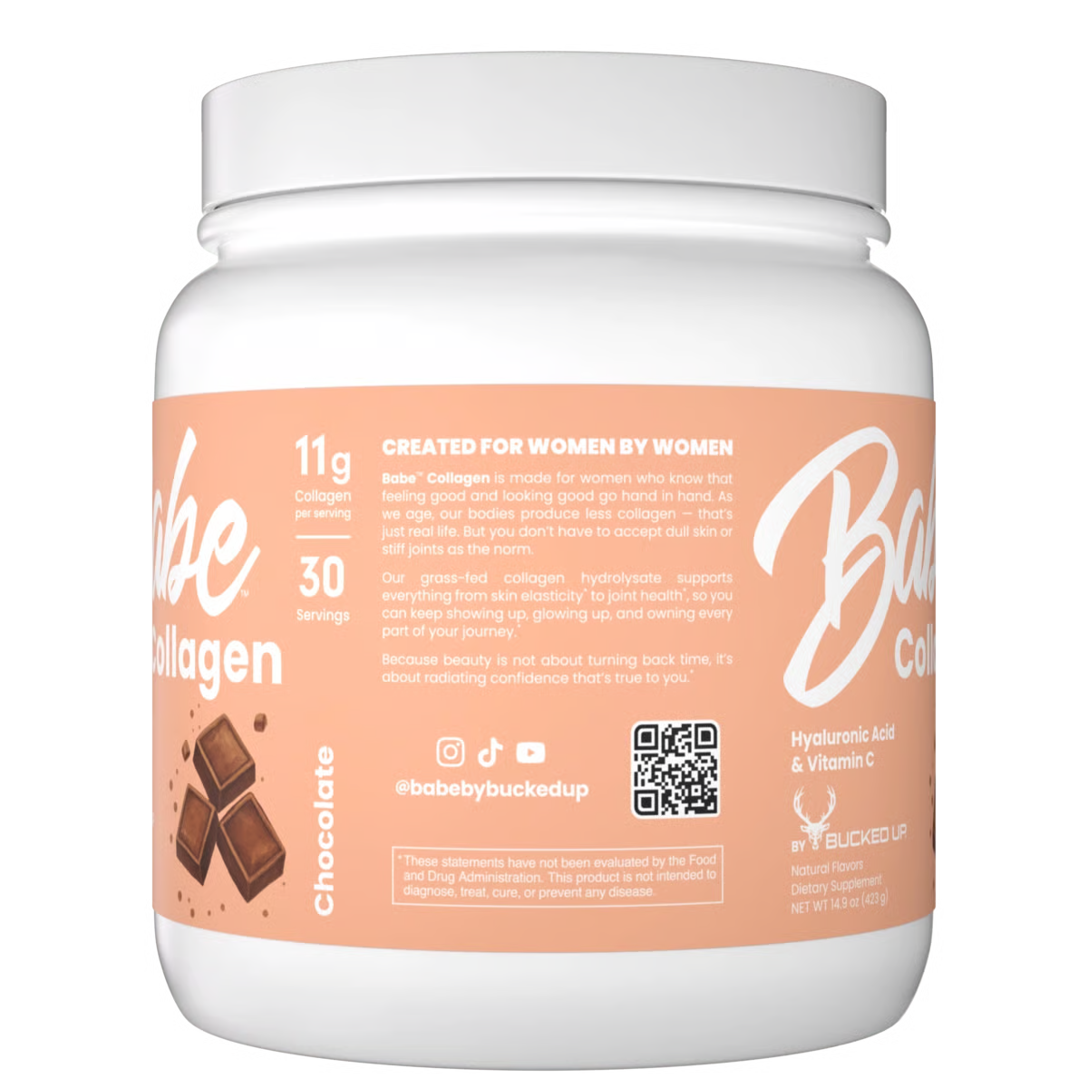 Babe Collagen supplement container with chocolate flavor on a beige background
