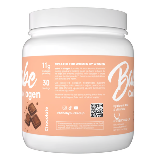 Babe Collagen supplement container with chocolate flavor on a beige background