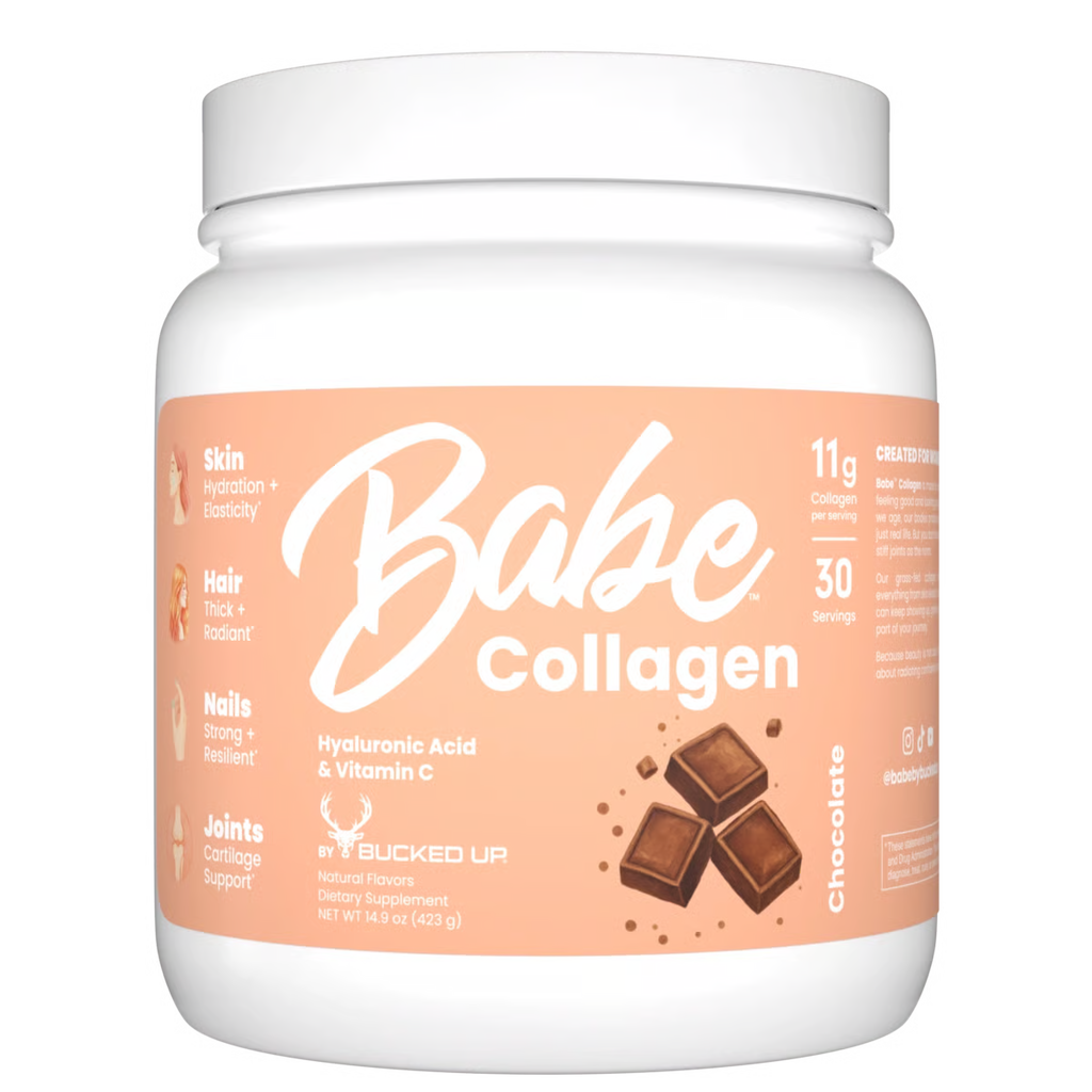 Babe Collagen supplement container with chocolate flavor on a white background