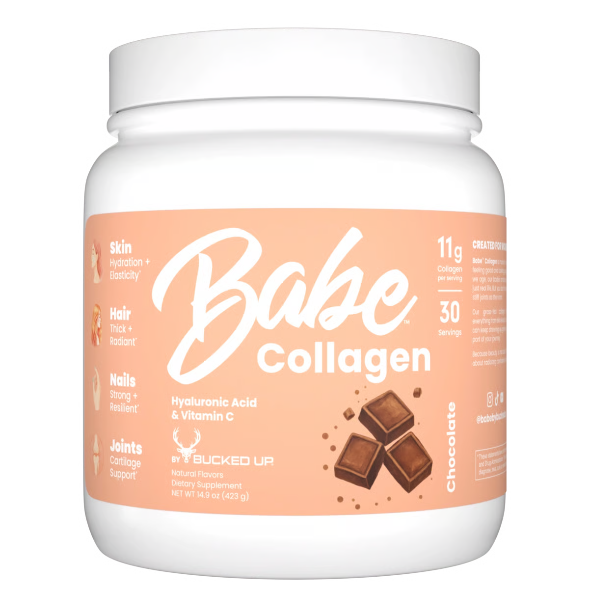 Babe Collagen supplement container with chocolate flavor on a white background