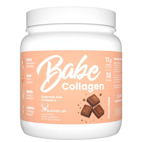 Babe Collagen supplement container with chocolate flavor on a white background