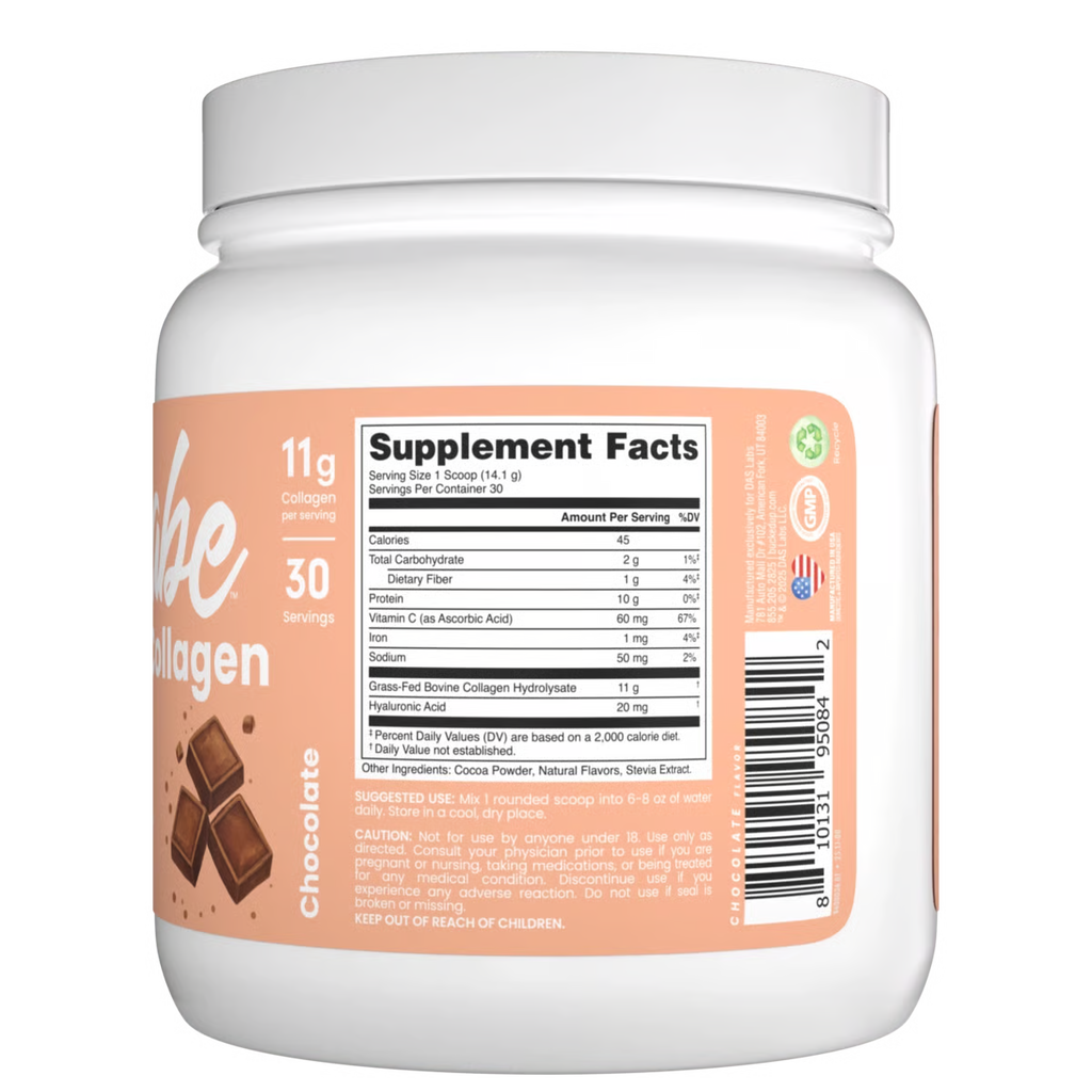 Container ofibe collagen supplement with label showing supplement facts.