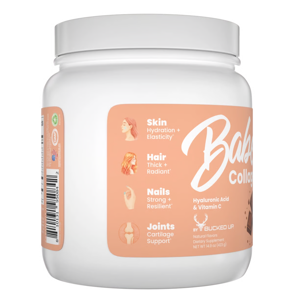 White supplement container with a peach-colored label on a gray background