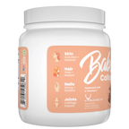 White supplement container with a peach-colored label on a gray background