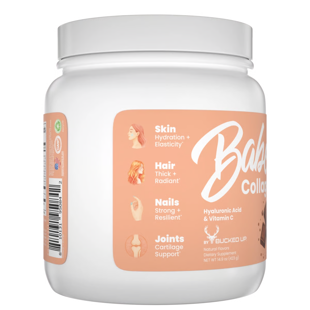 White supplement container with a peach-colored label on a gray background