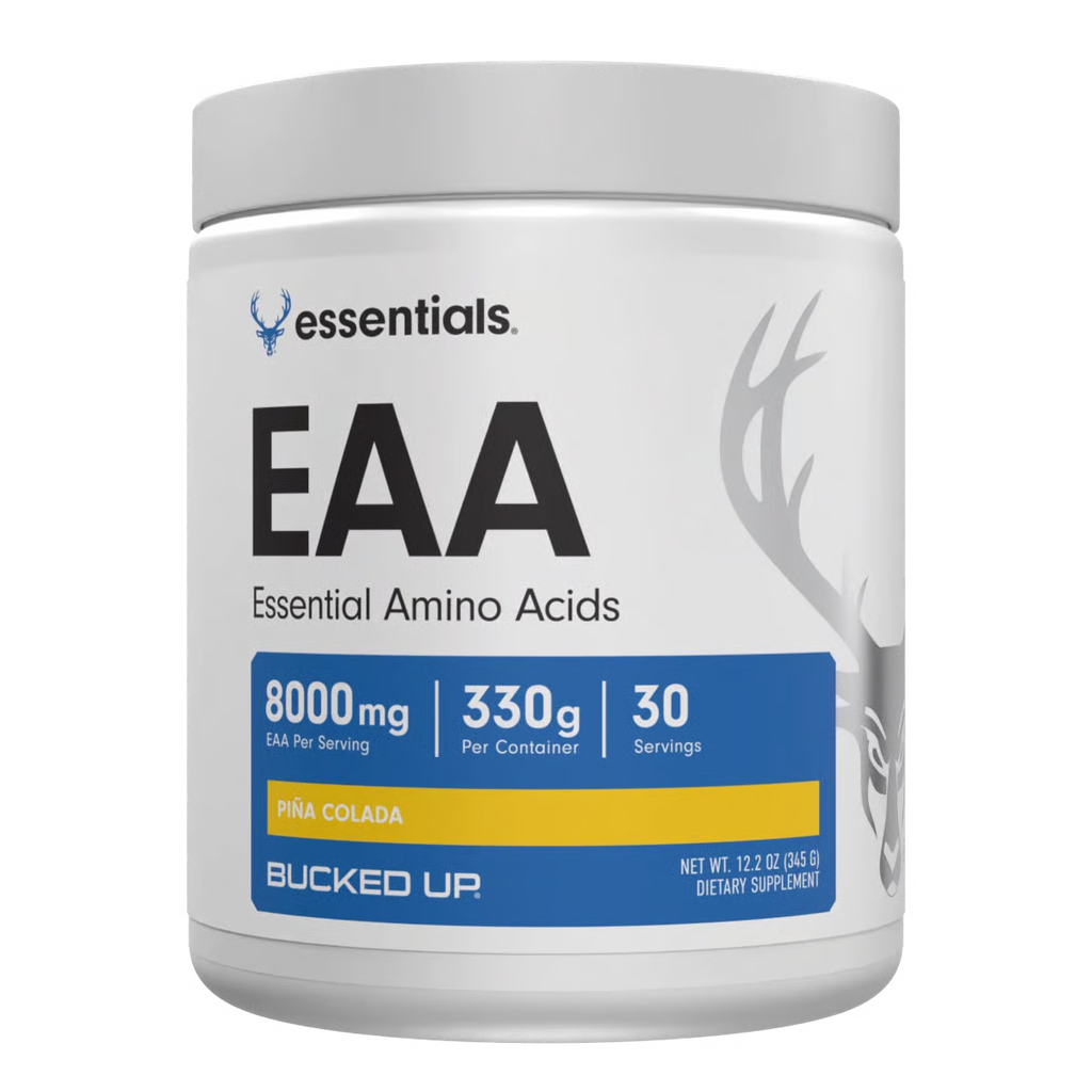 Essentials EAA (Essential Amino Acids) supplement container on a gray background