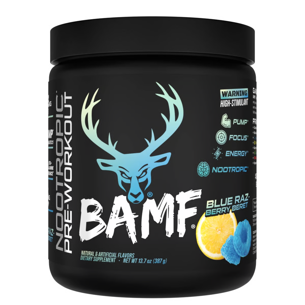 Black container of BAMF nootropic pre-workout supplement with blue and white graphics on a white background