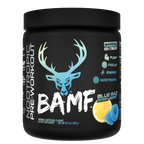 Black container of BAMF nootropic pre-workout supplement with blue and white graphics on a white background