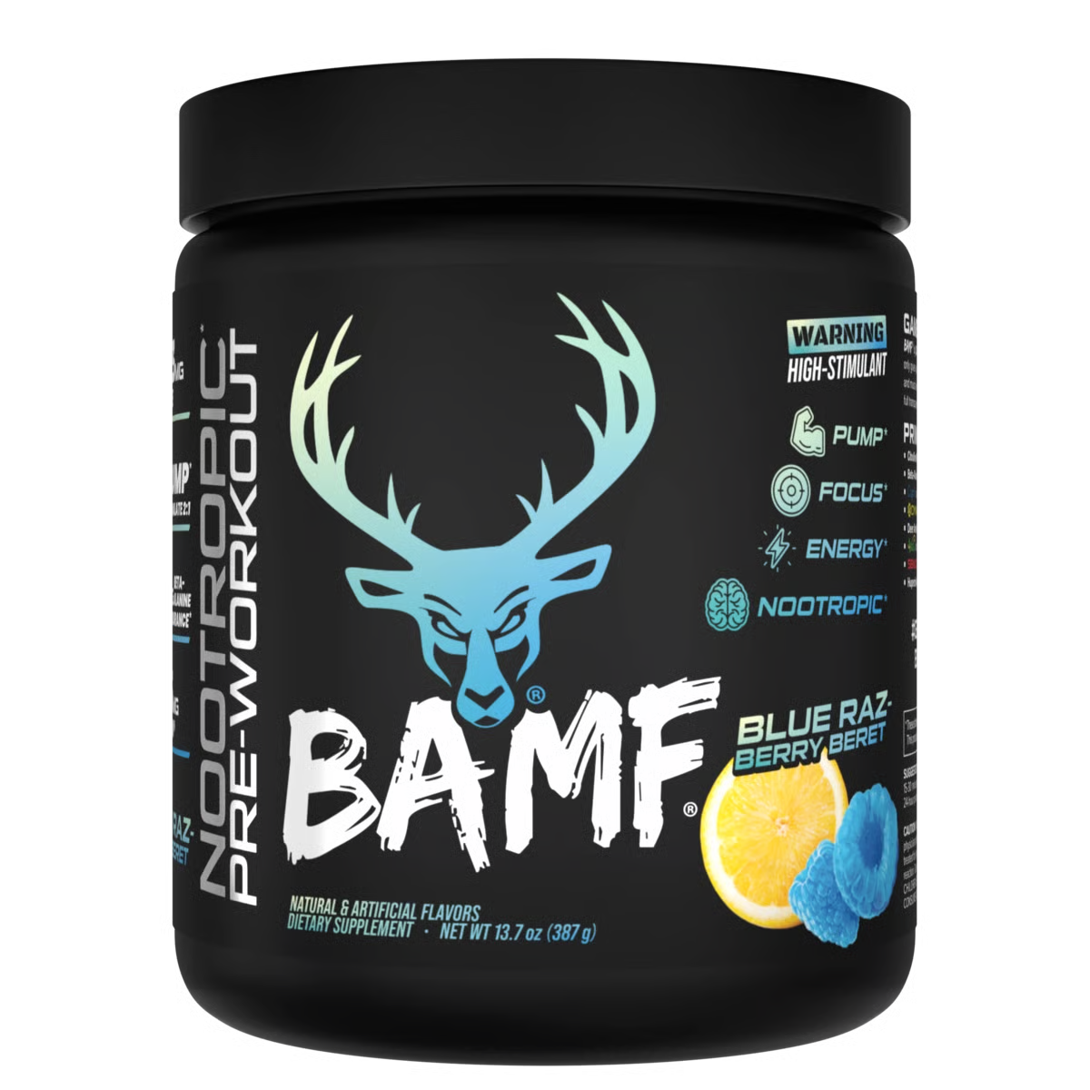 Black container of BAMF nootropic pre-workout supplement with blue and white graphics on a white background