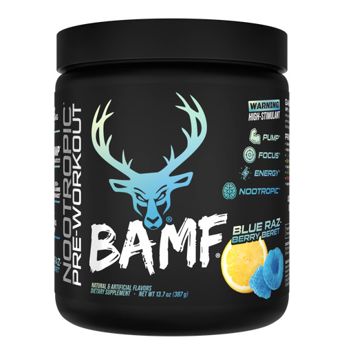 Black container of BAMF nootropic pre-workout supplement with blue and white graphics on a white background