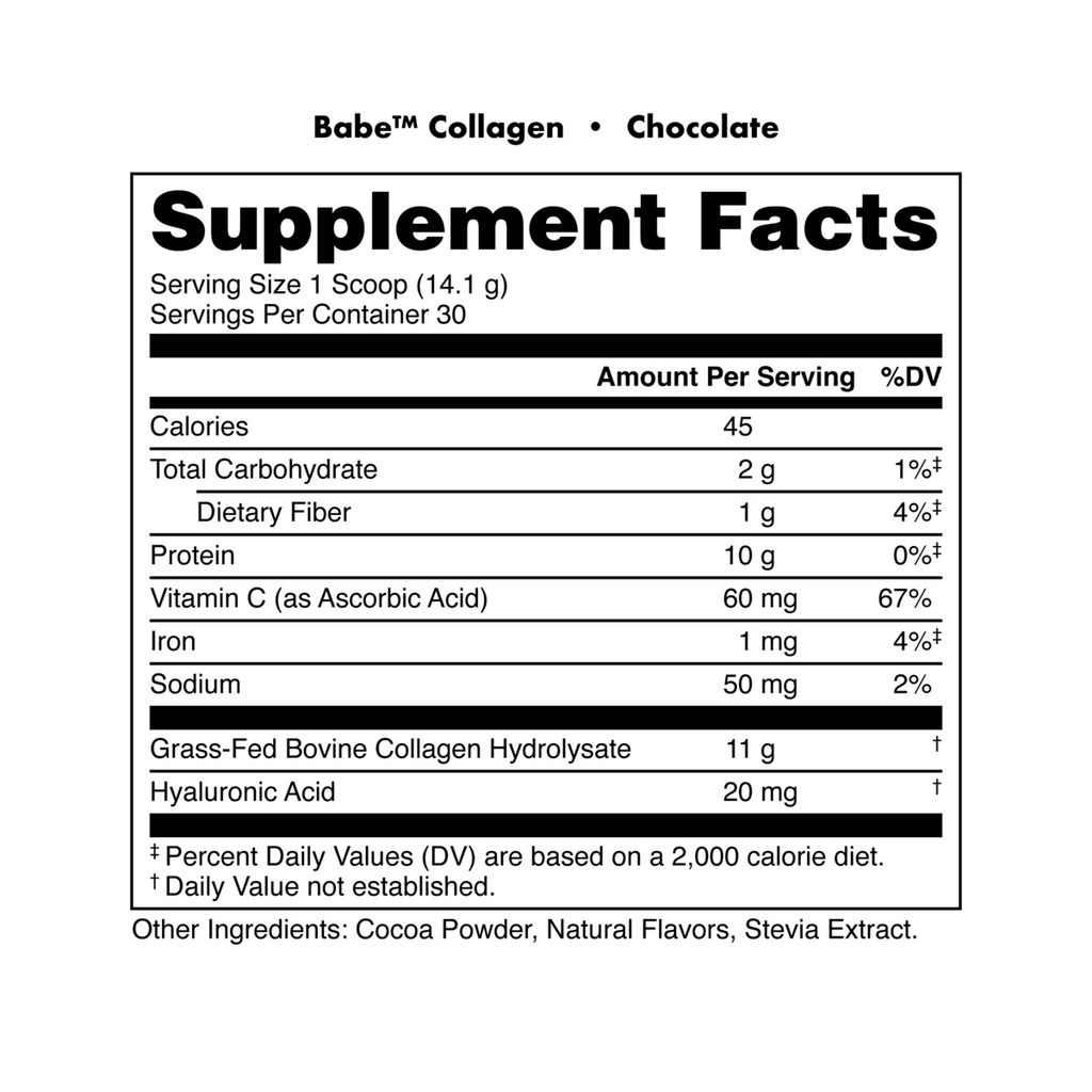 Supplement facts label for Babe Collagen Chocolate flavor on a white background