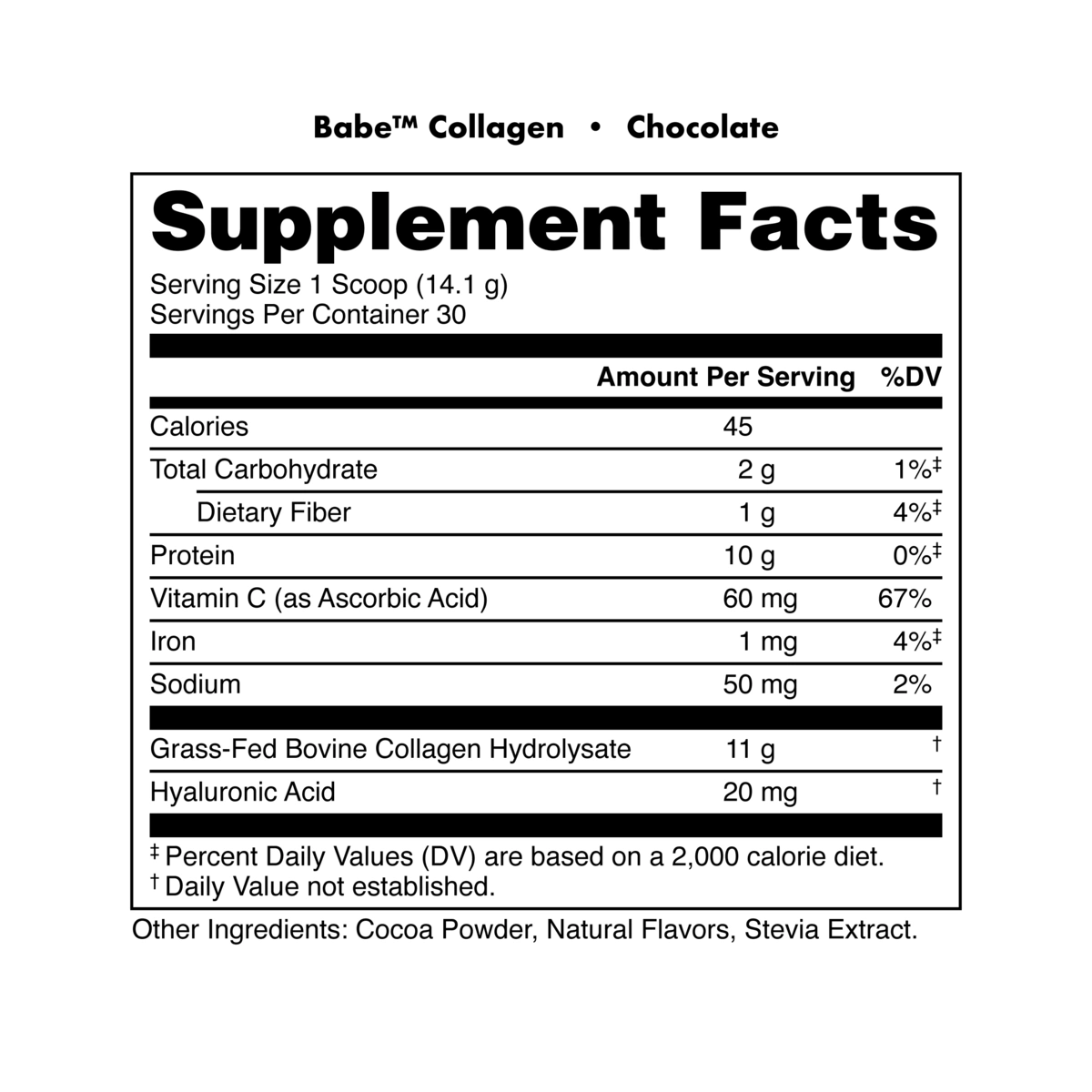 Supplement facts label for Babe Collagen Chocolate flavor on a white background