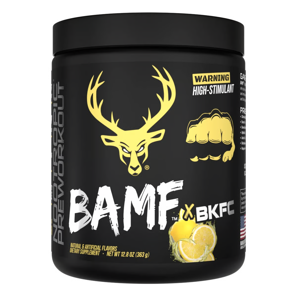 Black supplement container with yellow deer logo and text, featuring the brand 'BAMF x BKFC'.