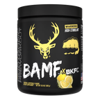 Black supplement container with yellow deer logo and text, featuring the brand 'BAMF x BKFC'.