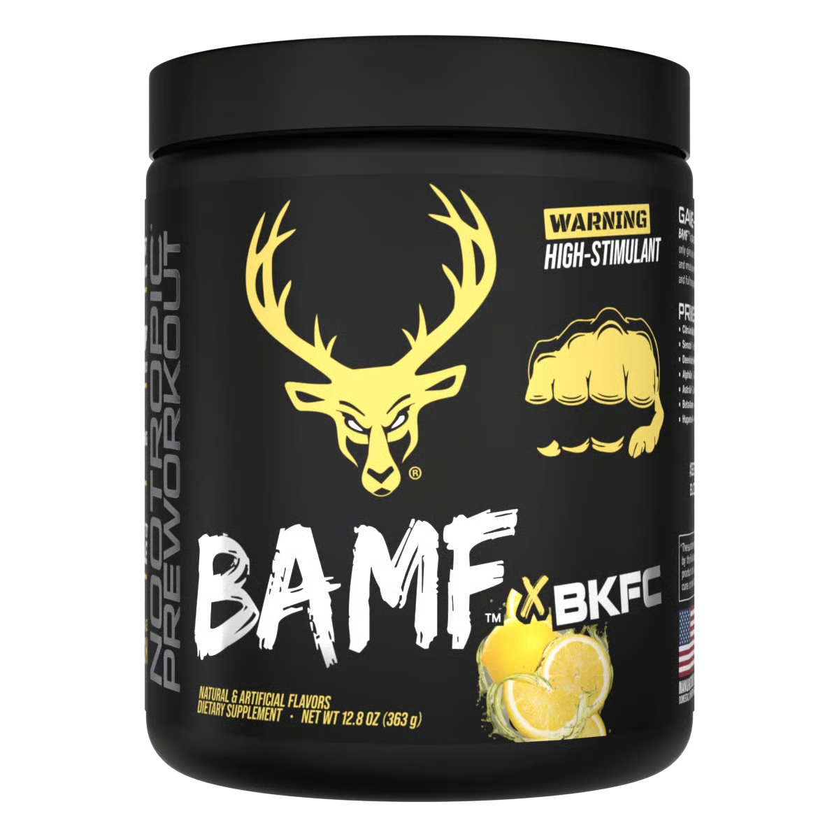 Black supplement container with yellow deer logo and text, featuring the brand 'BAMF x BKFC'.